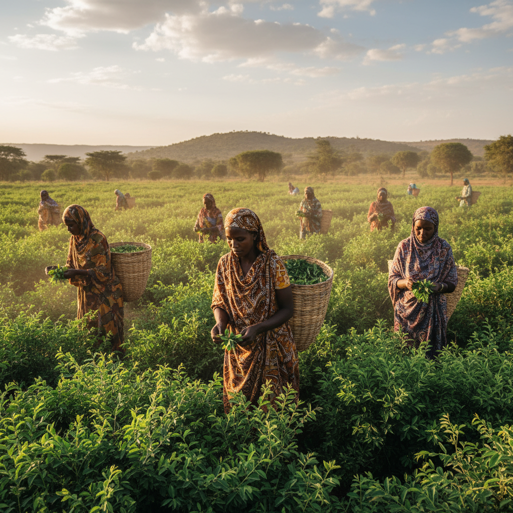 South Sudanese woman harvester in traditional clothing, warm daylight, savanna background, dignified portrait