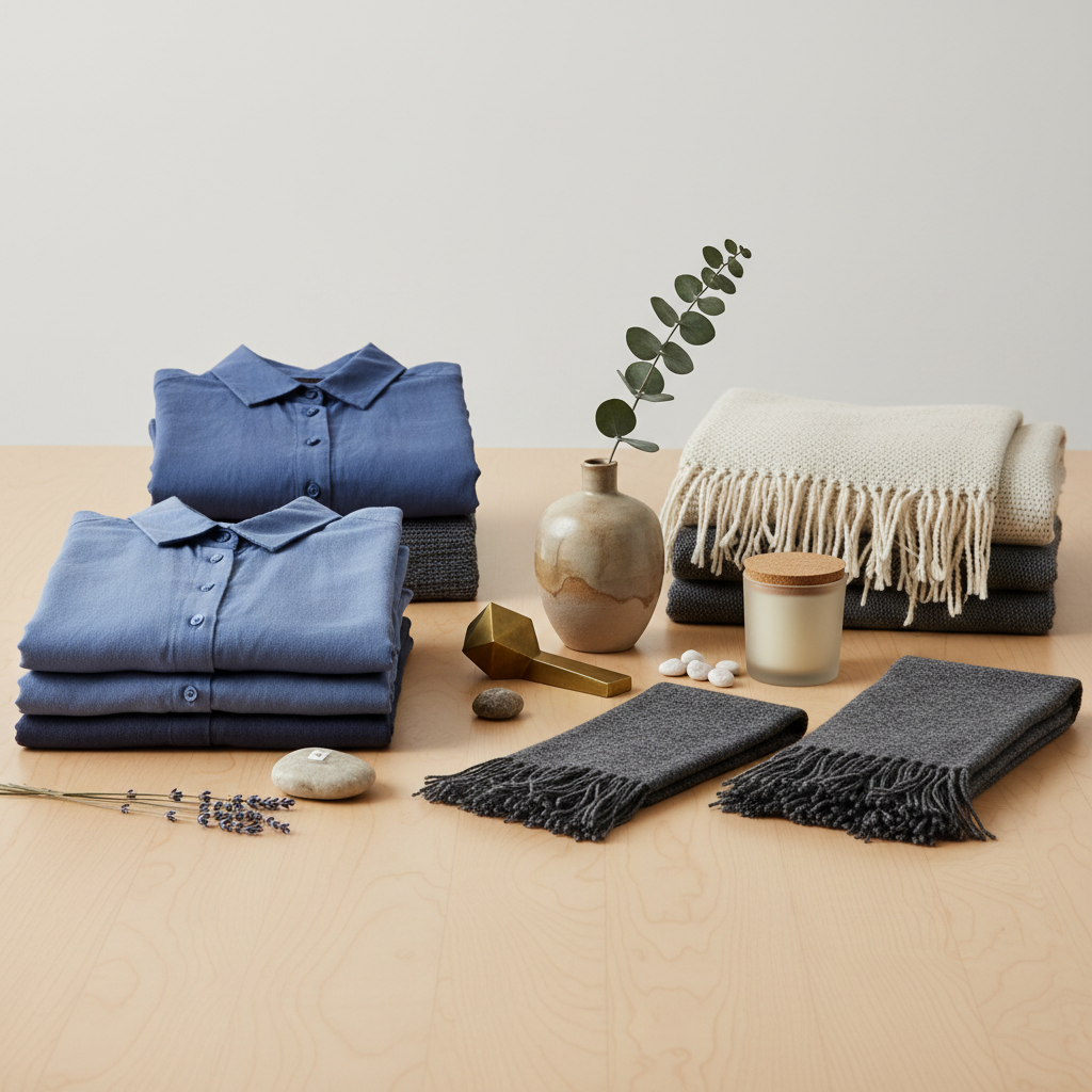 Styled display table with folded merchandise and small decorative objects