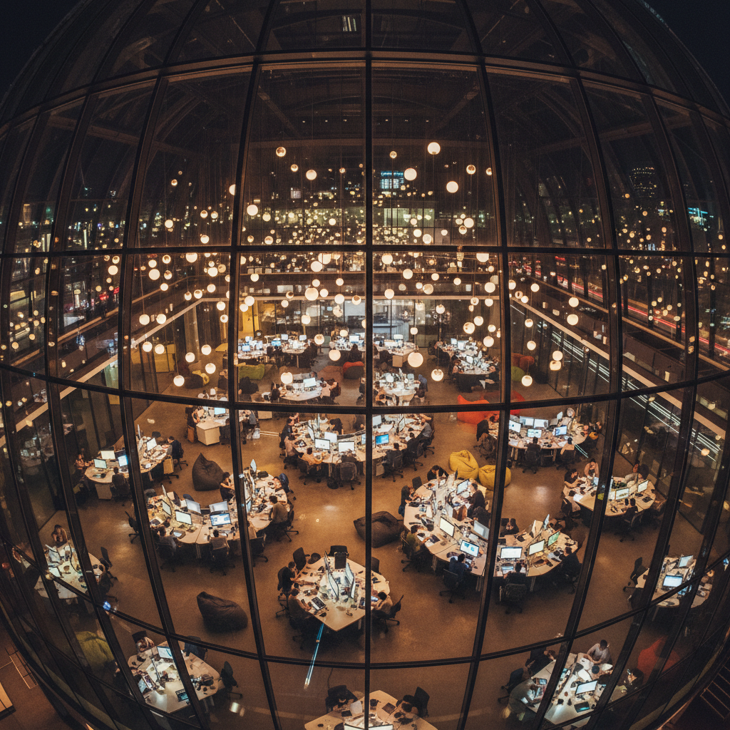 Launchpad coworking space at night — overhead view through glass atrium with monitor glow and pendant lights creating a constellation of working founders