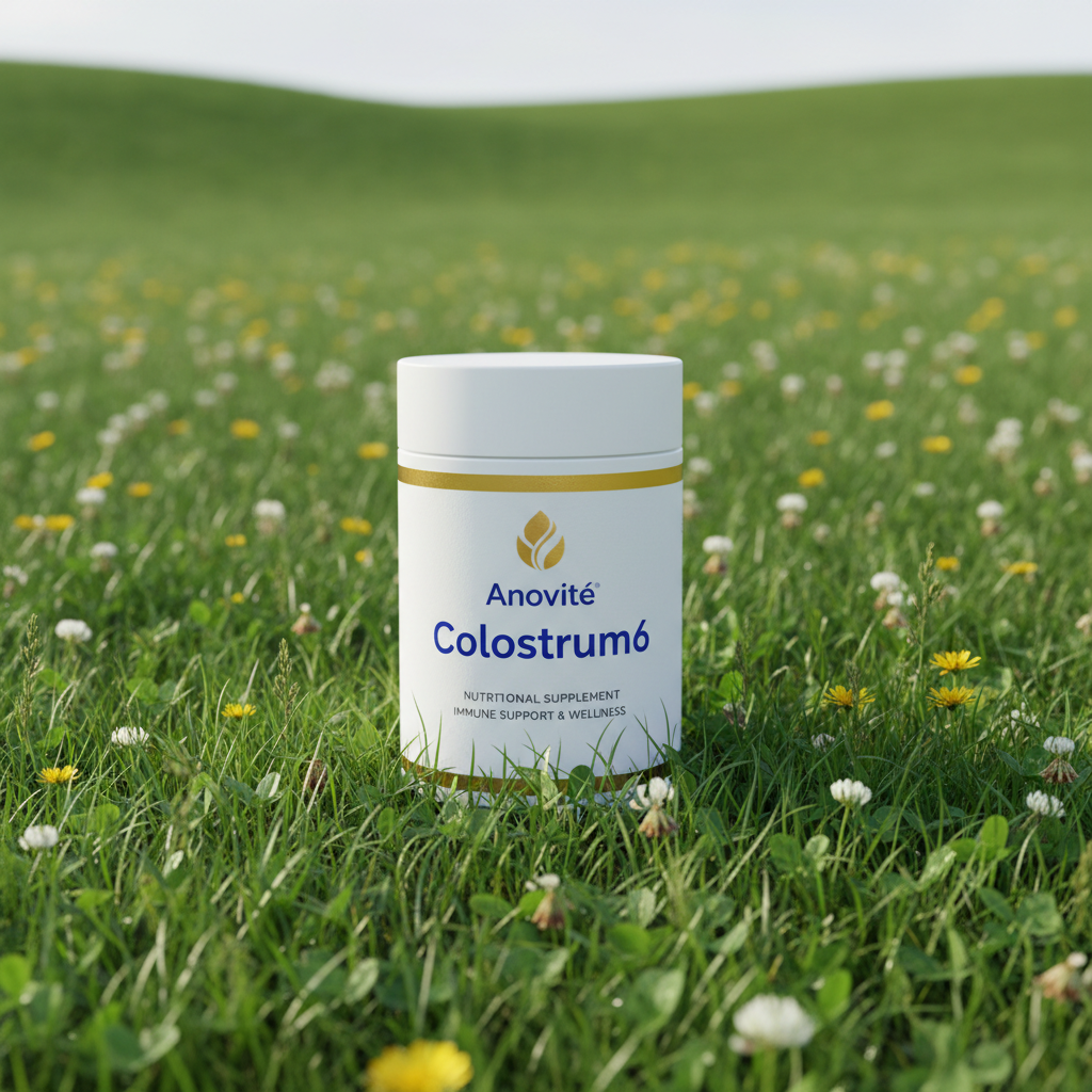 Anovité Colostrum6 product surrounded by natural pasture elements
