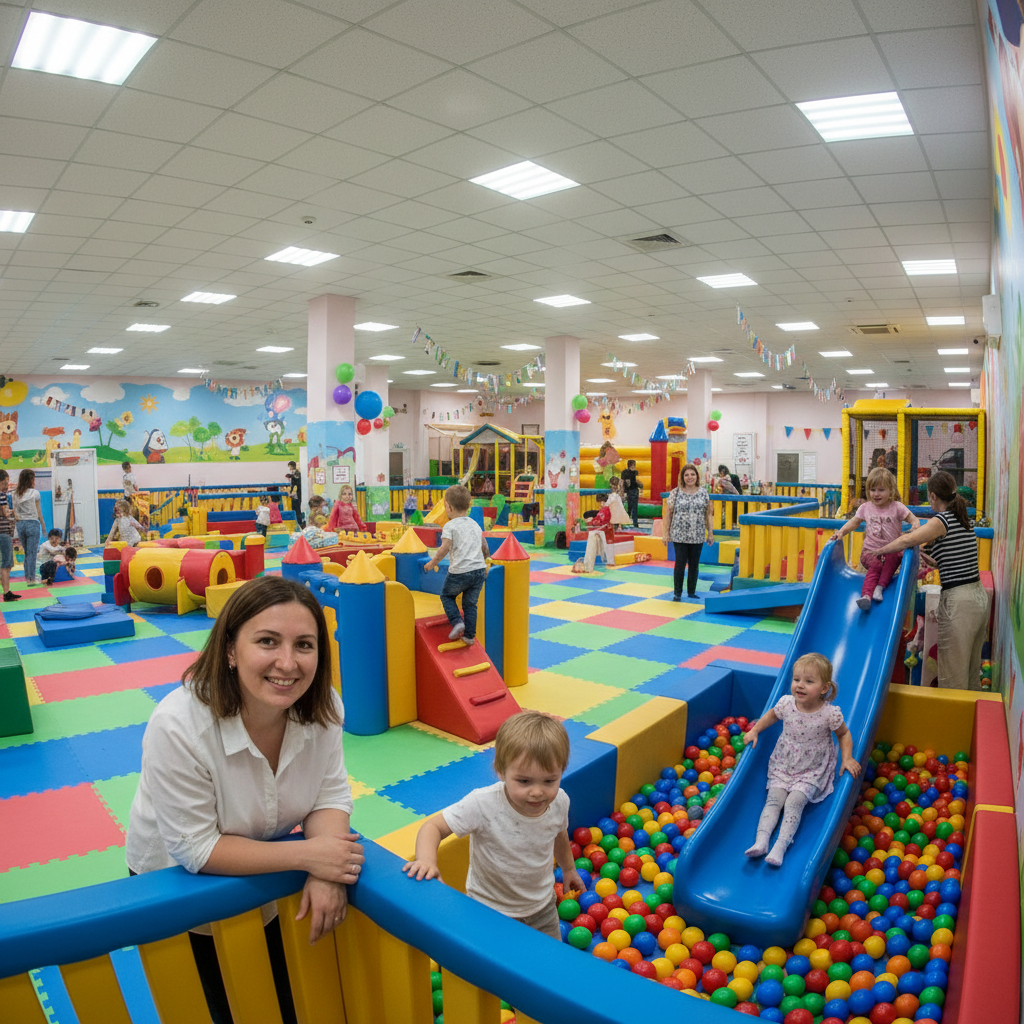 Colorful indoor playground with slides and climbing structures under bright lighting
