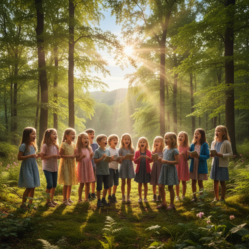 Group of kids singing together at camp
