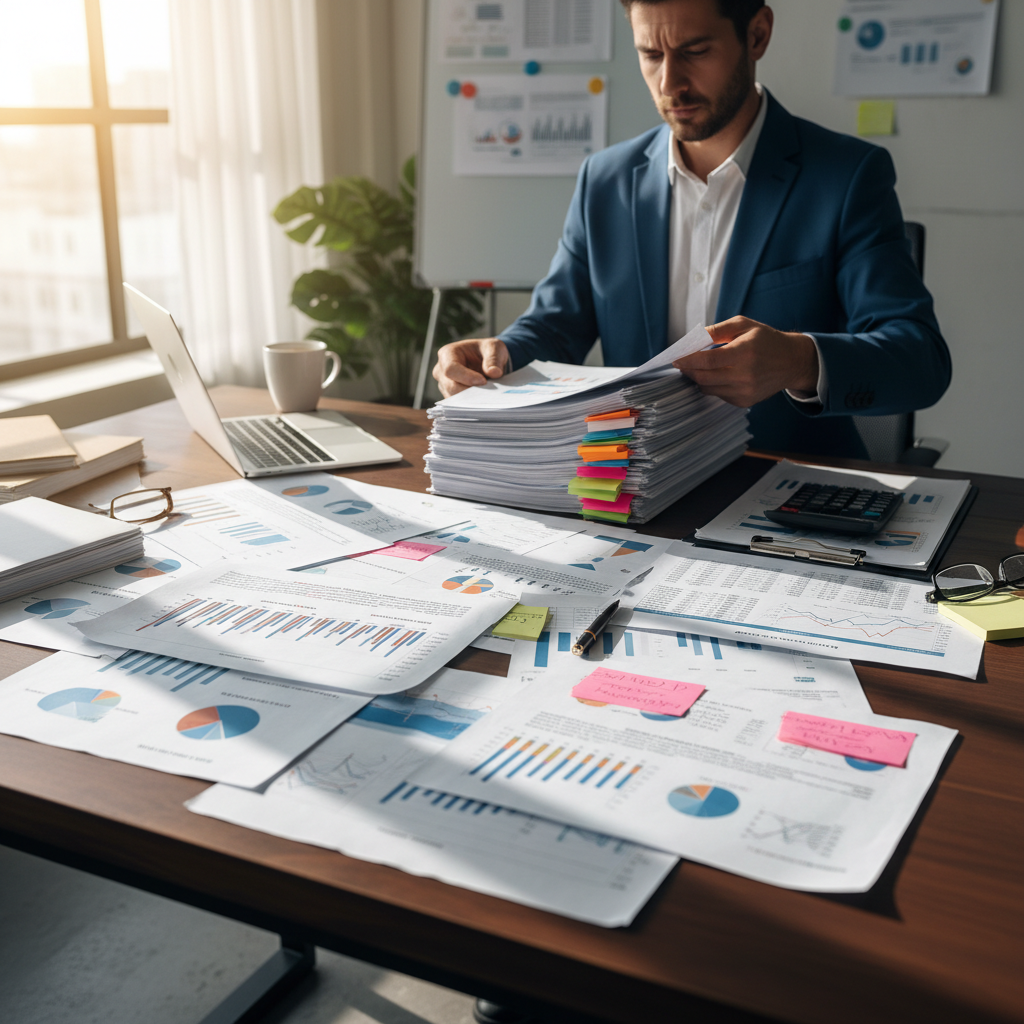 Professional man in business attire reviewing financial documents at a clean desk with soft natural light