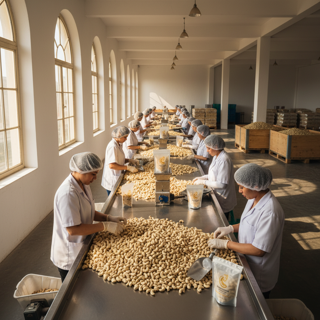 Professional cocoa processing facility in Ghana, workers sorting beans, bright natural light