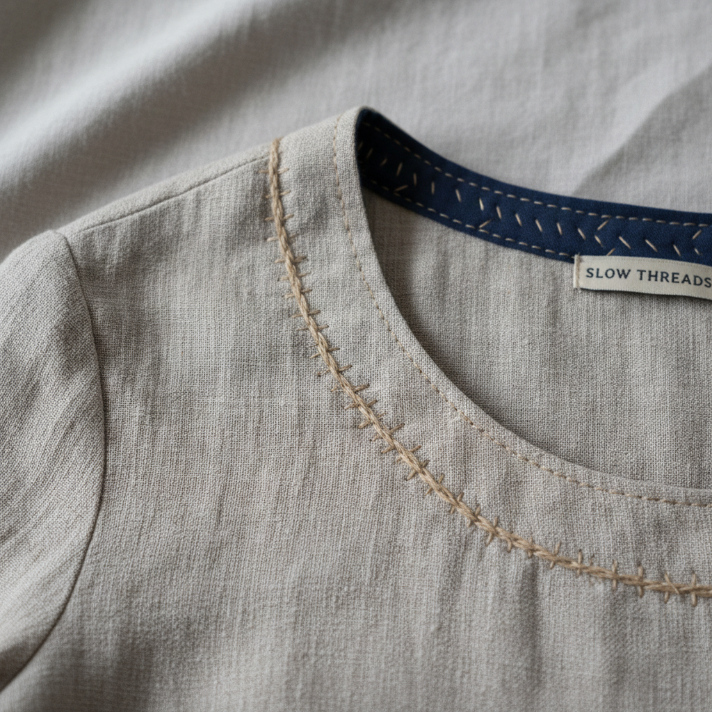 Detail of a garment shoulder seam showing hand-stitching and the interior finishing of a slow-fashion piece