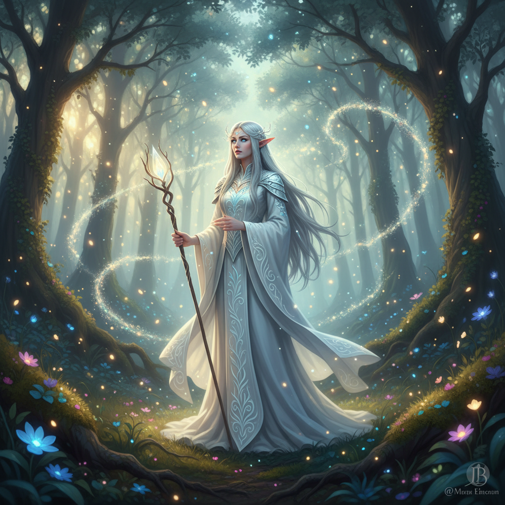 Serene silver-haired elf mage in a magical forest with golden particles and ancient ruins