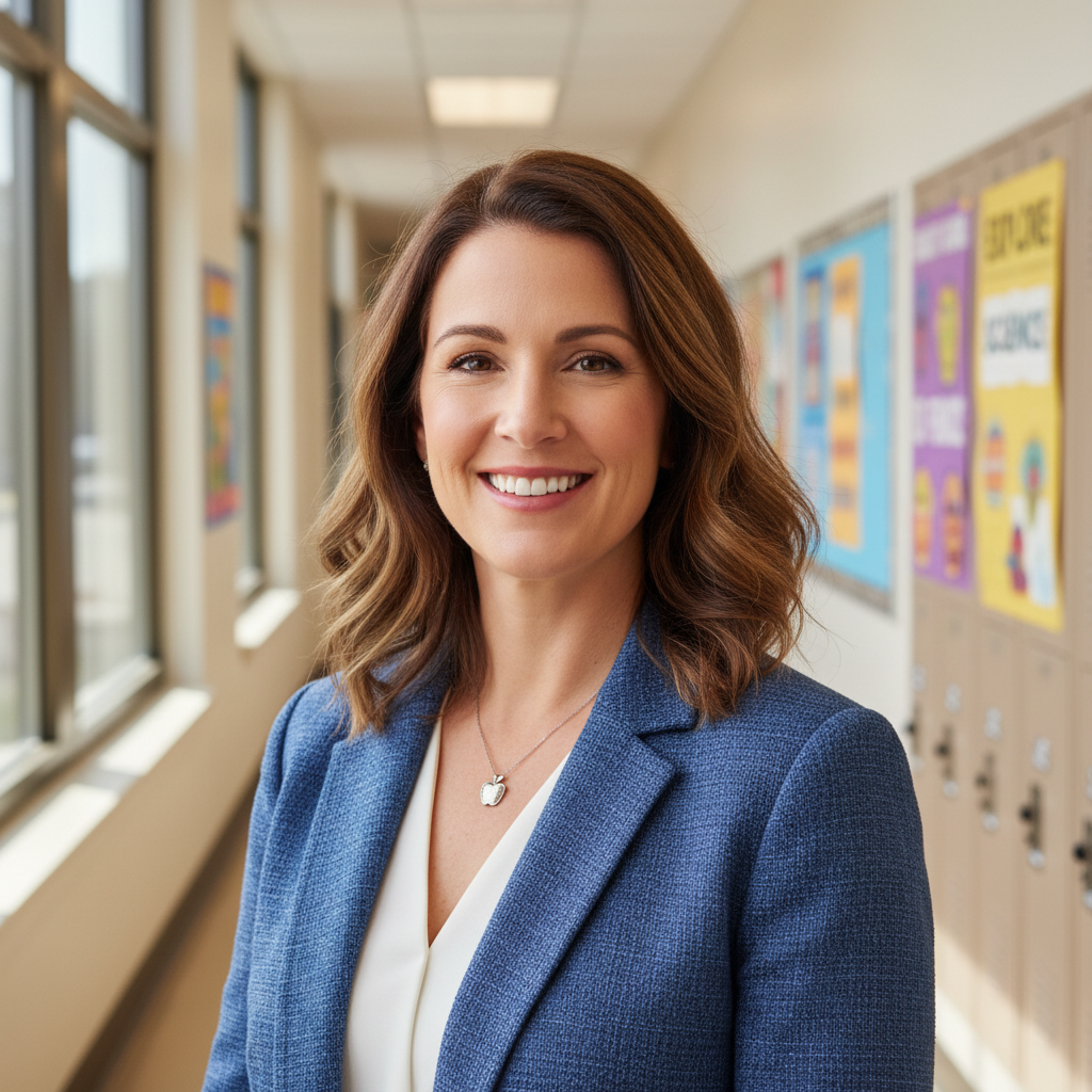 Professional female educator in smart attire, confident expression, school corridor background