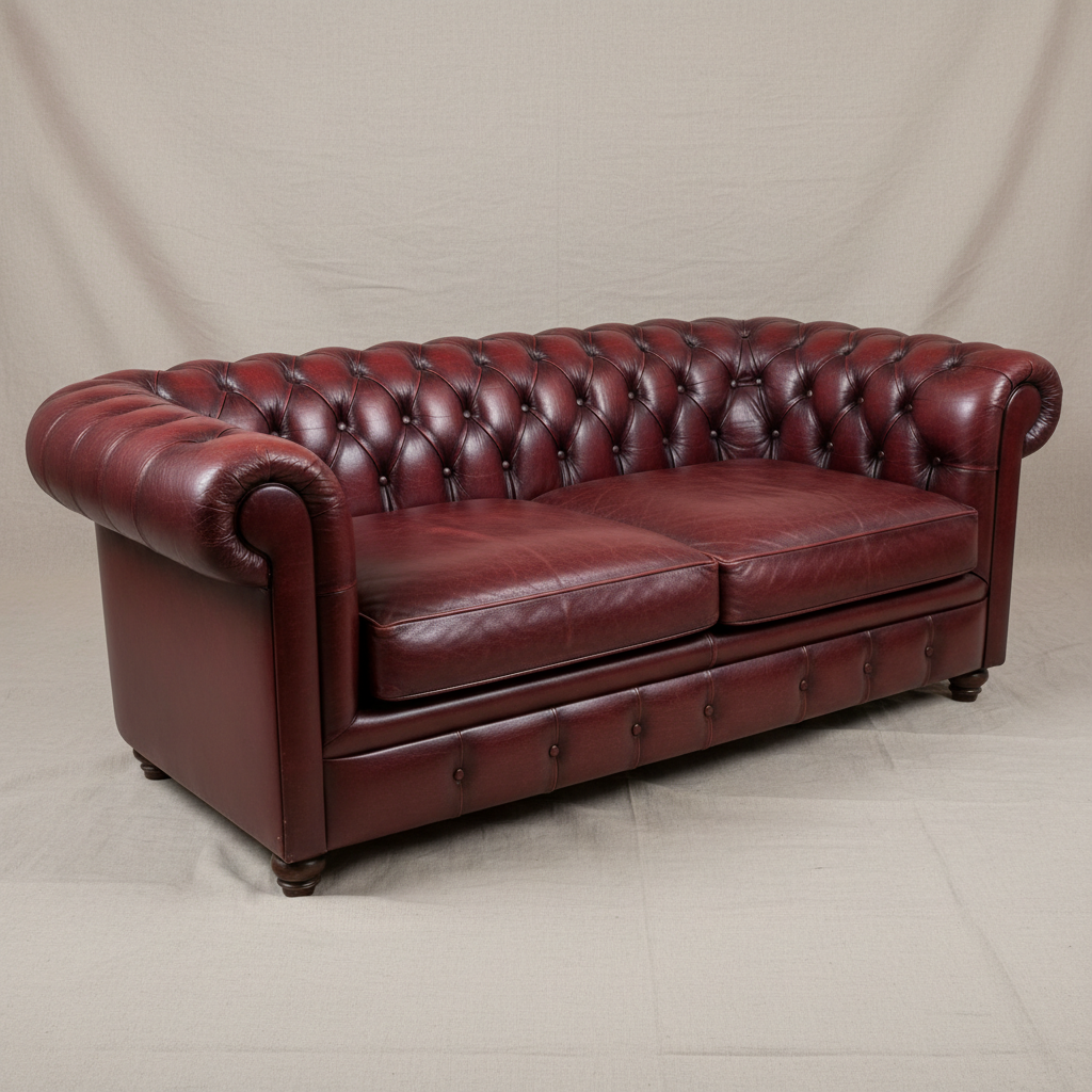 Restored Victorian chesterfield sofa with deep button tufting in burgundy leather