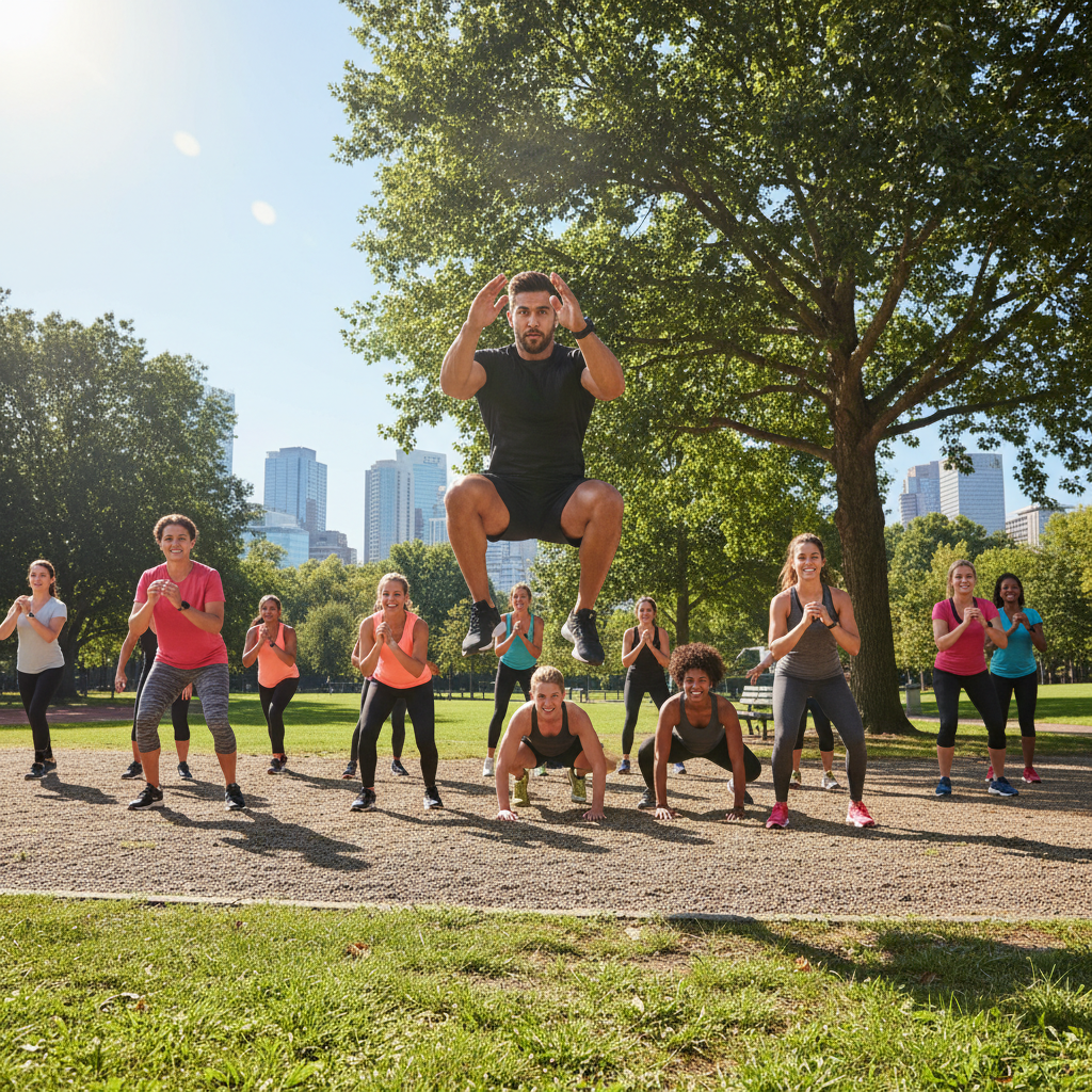 Fitness coach leading an outdoor group training session