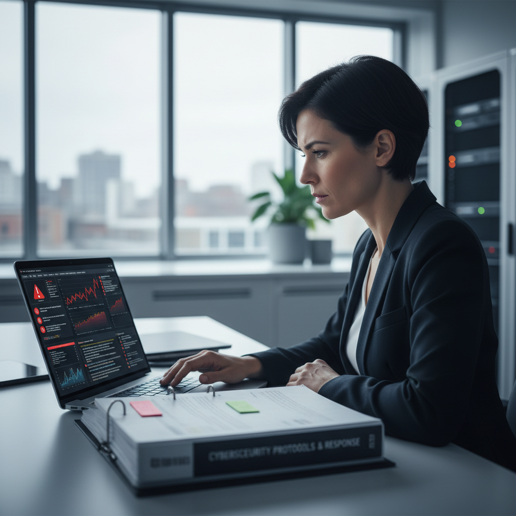 Security professional reviewing technical documentation and resource materials on laptop