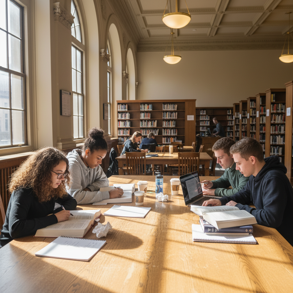 High school students studying at a library table with open textbooks and laptops