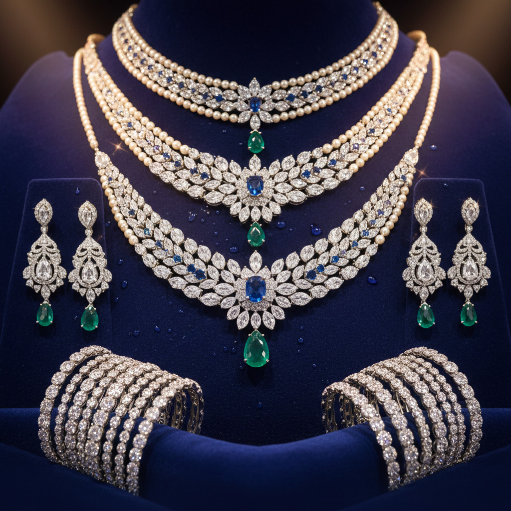 Complete bridal jewellery set with necklace and bangles on red velvet
