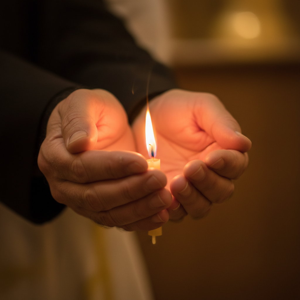 Priest hands cupped around a flame during aarti ceremony