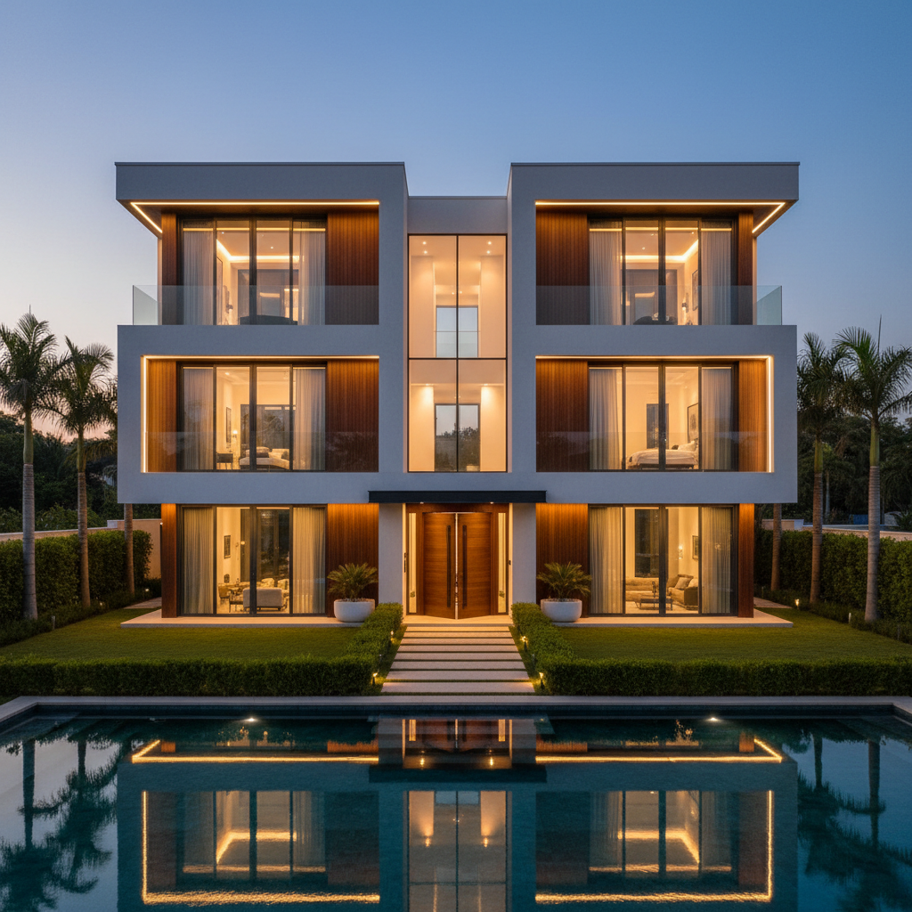 Luxury villa with infinity pool, palm trees, evening lighting, California