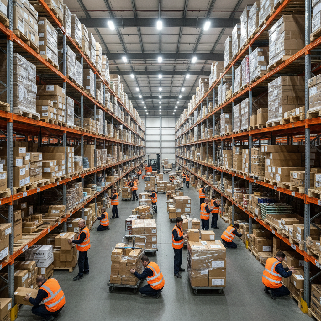 Warehouse workers organizing packages in a bright, well-lit logistics center with cardboard boxes and shelving