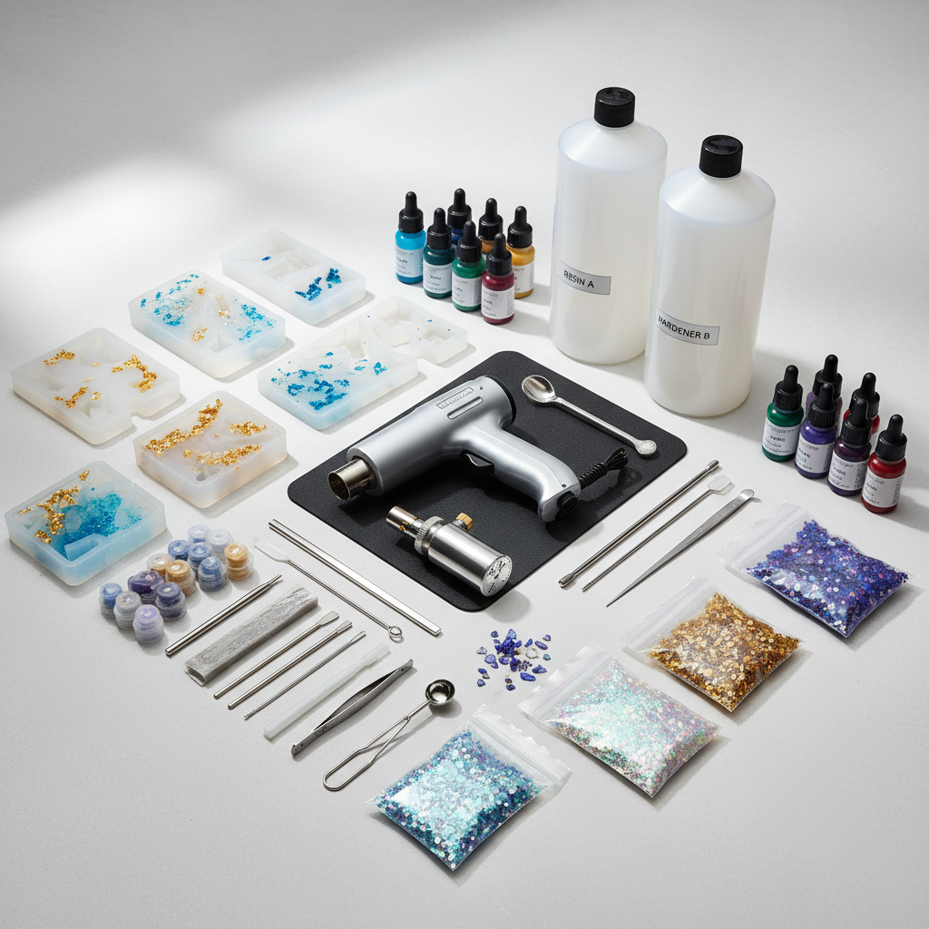 Resin craft kit with molds, pigments, and tools laid out on white background