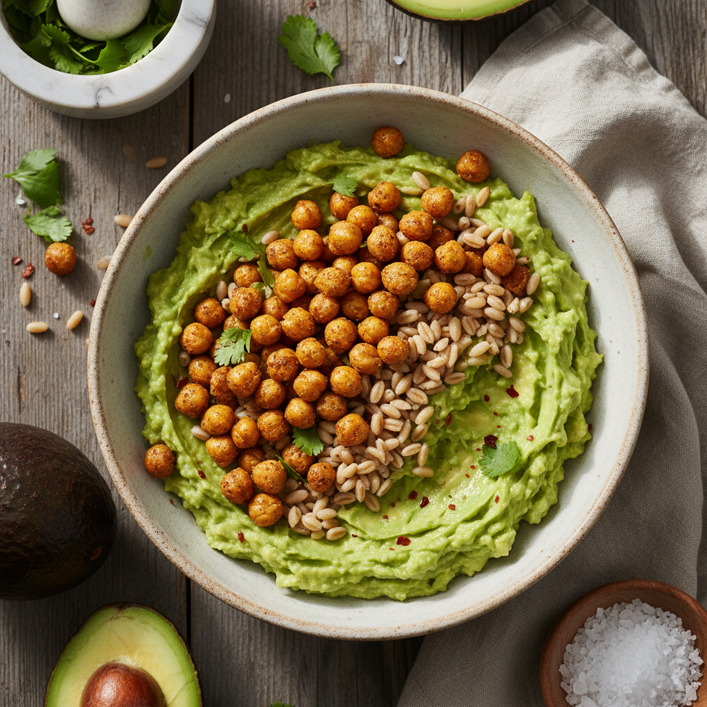 Smashed avocado power bowl with farro and roasted chickpeas in natural morning light