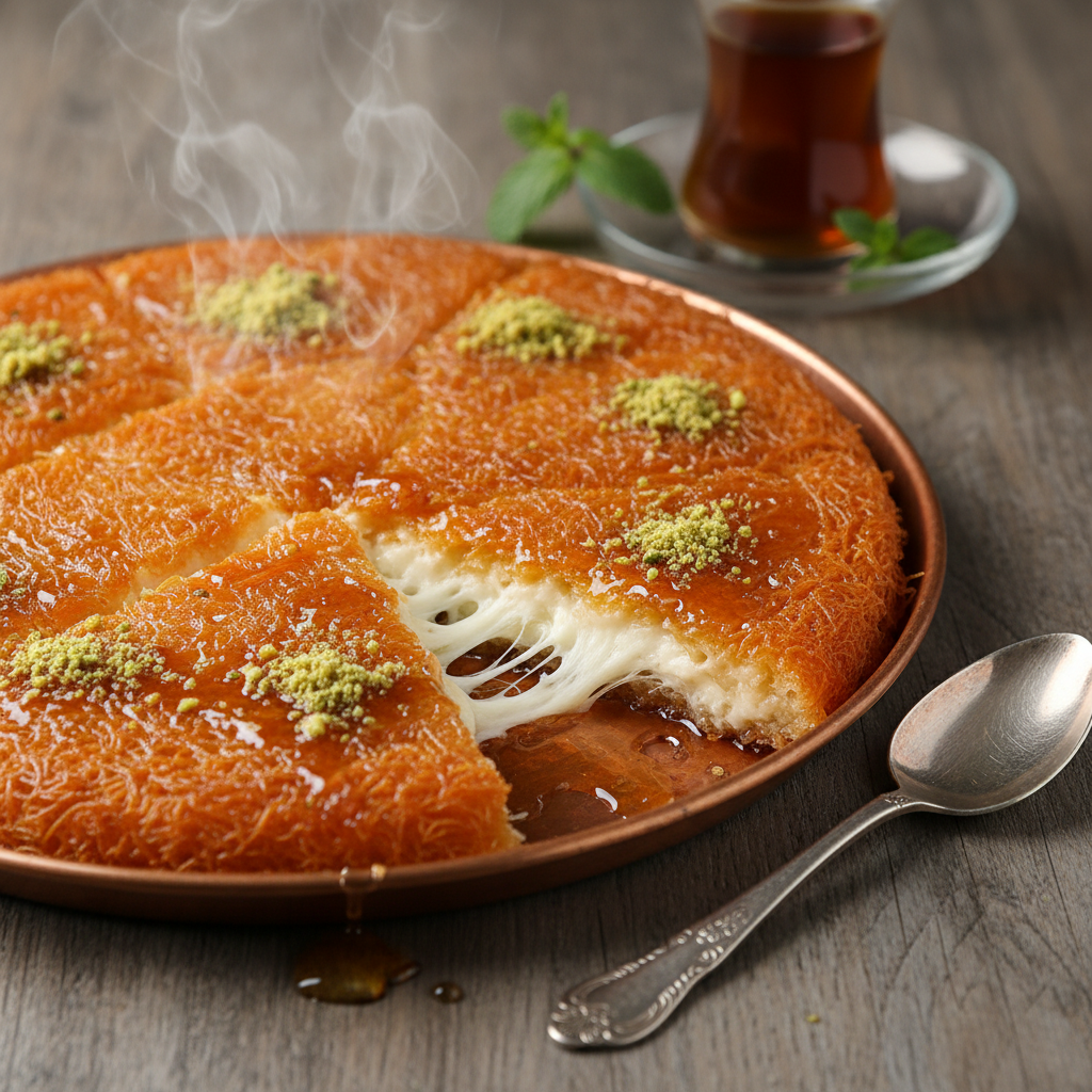 Golden crispy kunafa dessert with stretchy white cheese filling, drizzled with sweet syrup and garnished with crushed pistachios