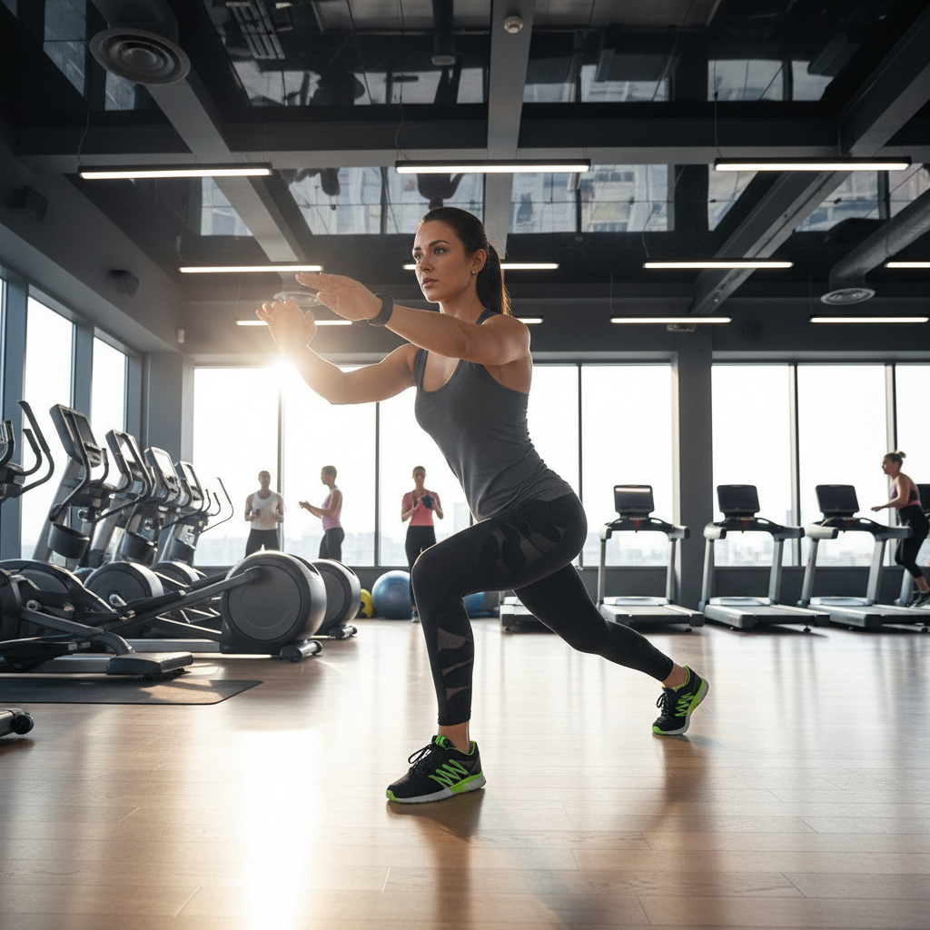 Athletic woman in workout attire demonstrating exercise form in modern fitness studio