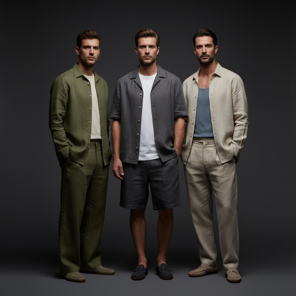 Men fashion editorial, clean white background, premium clothing photography