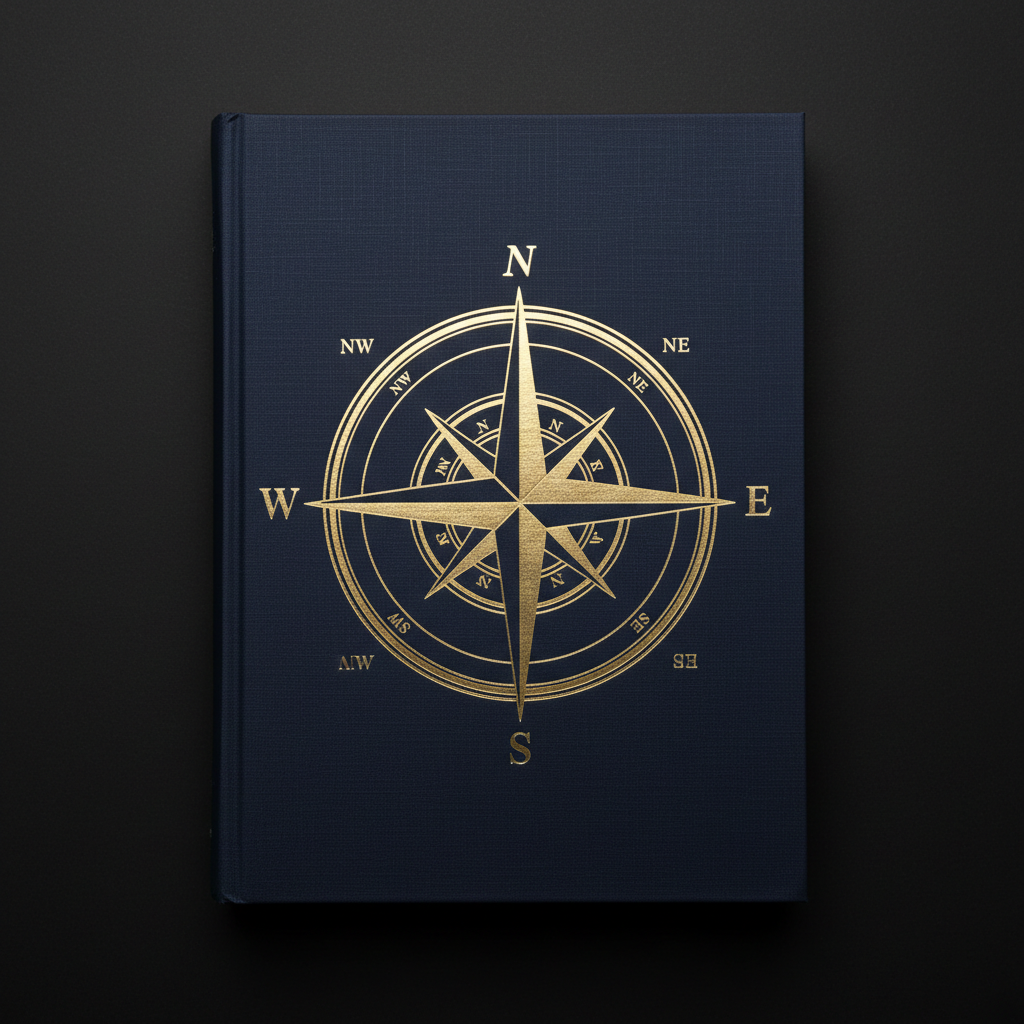 Deep red hardcover book Founder's Compass with compass illustration on a startup office desk