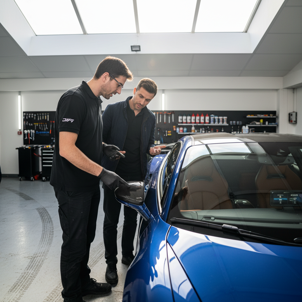 Detailer consulting with car owner about custom detailing requirements