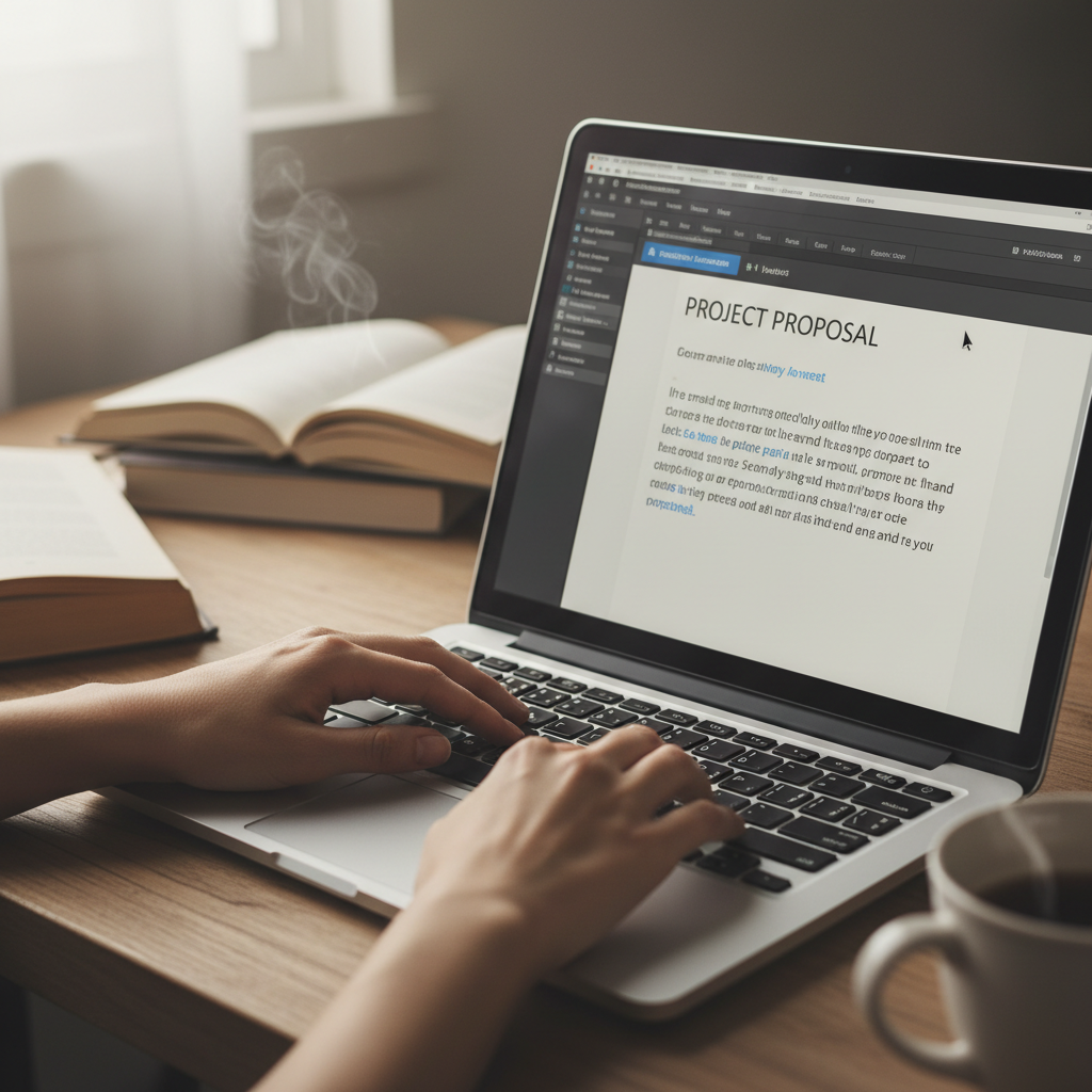 Digital document preparation on a laptop screen in a home office