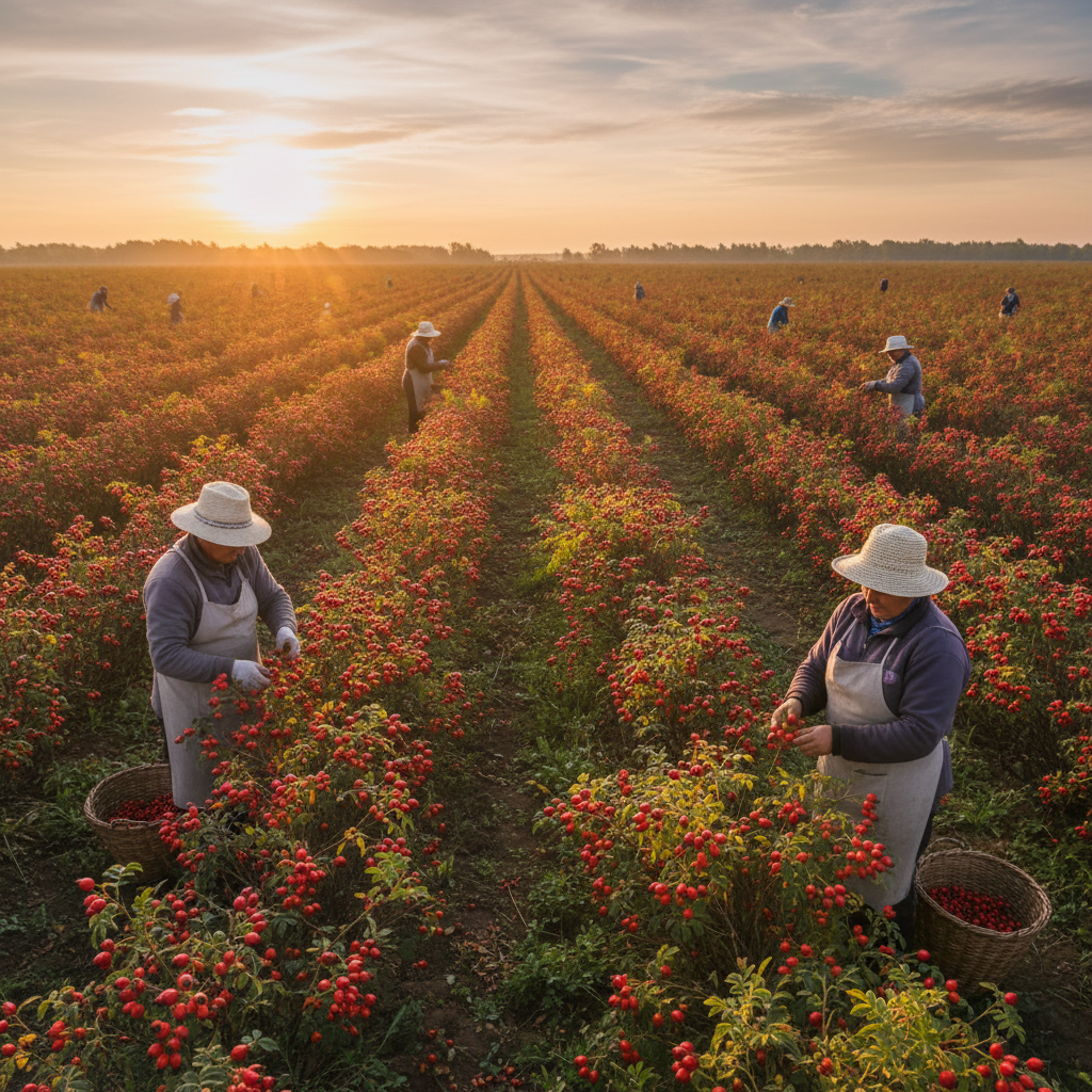 Organic rosehip berries being harvested at LuxeBeauty's certified partner farm in Bulgaria at sunrise