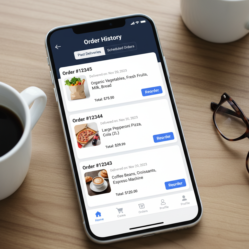 Mobile app screen showing order history with reorder buttons and tracking status for each item