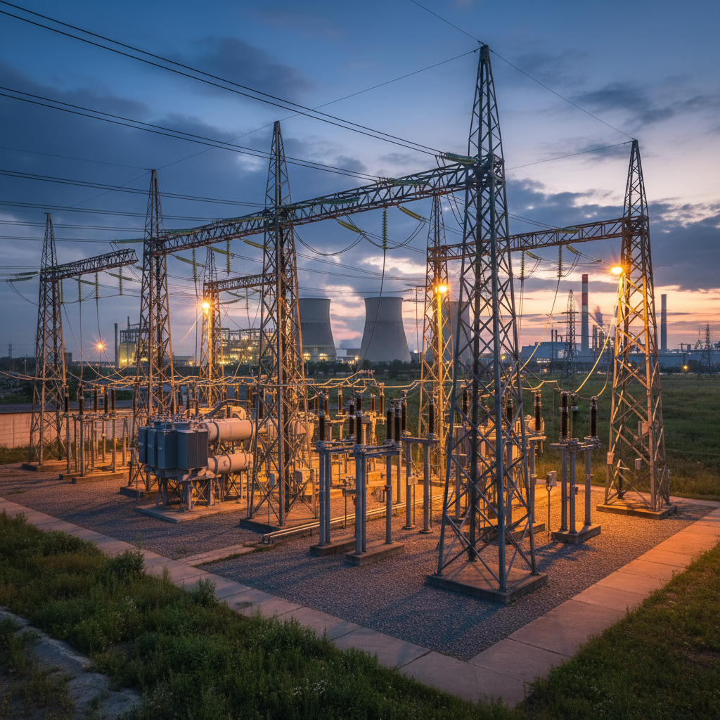 Aerial view of South African water infrastructure installation site at dusk, dim atmospheric industrial lighting, dark steel structures, deep shadows