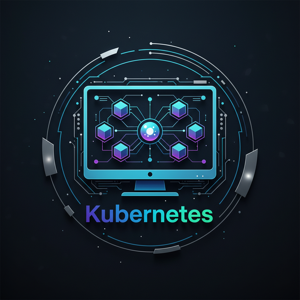 Kubernetes cluster management dashboard on bright screen with pod and service diagrams