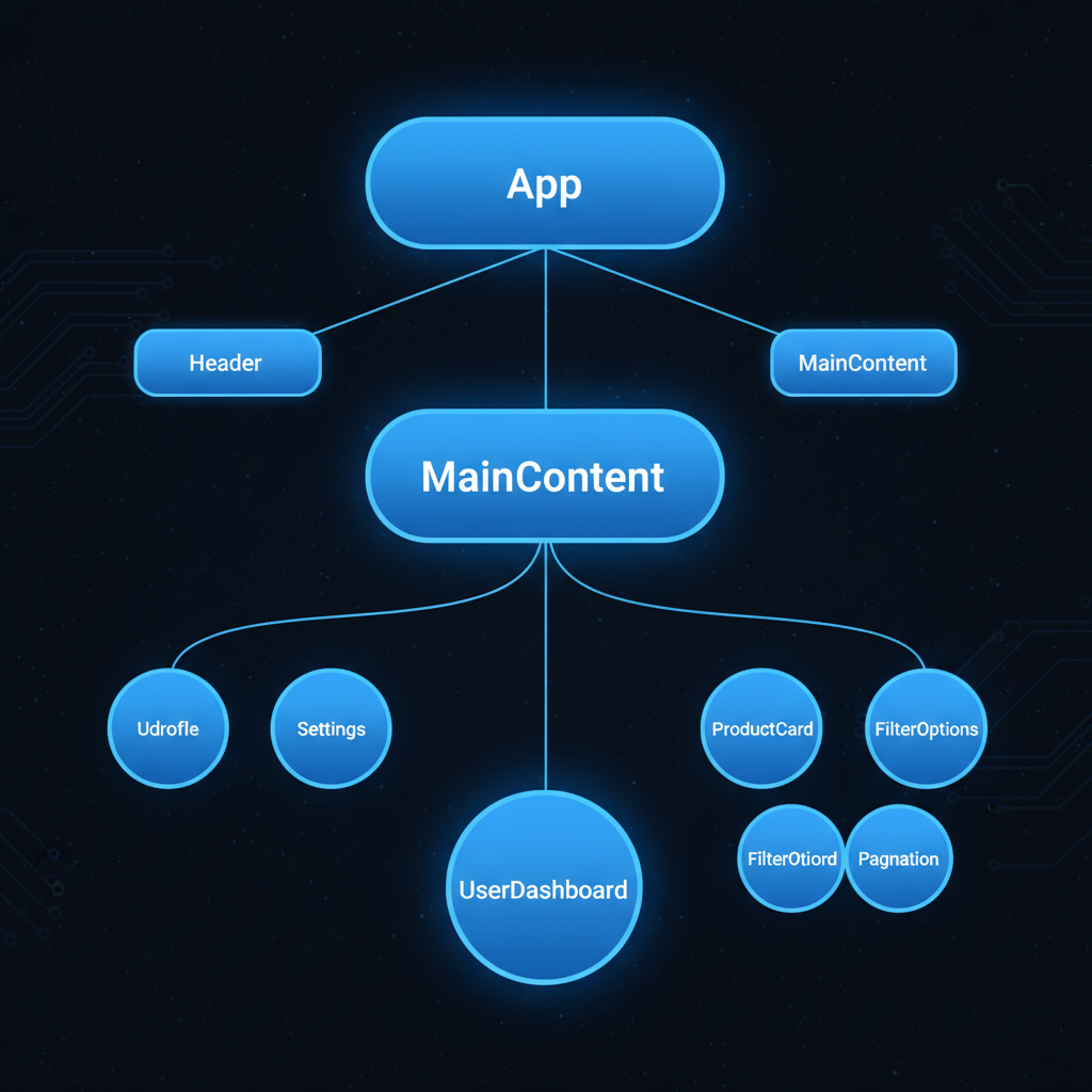 React code on laptop screen with component tree diagram in bright modern workspace