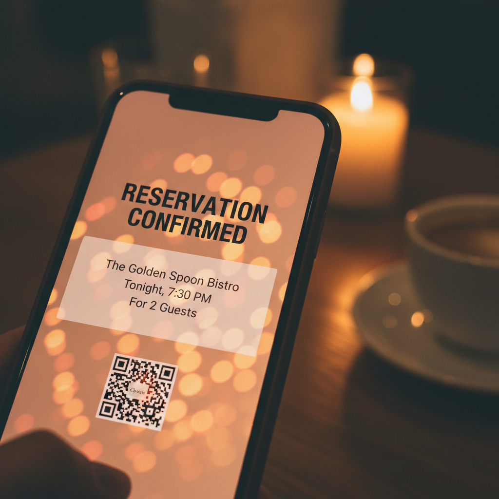 Close-up of a smartphone screen showing a restaurant reservation confirmation glowing in warm light