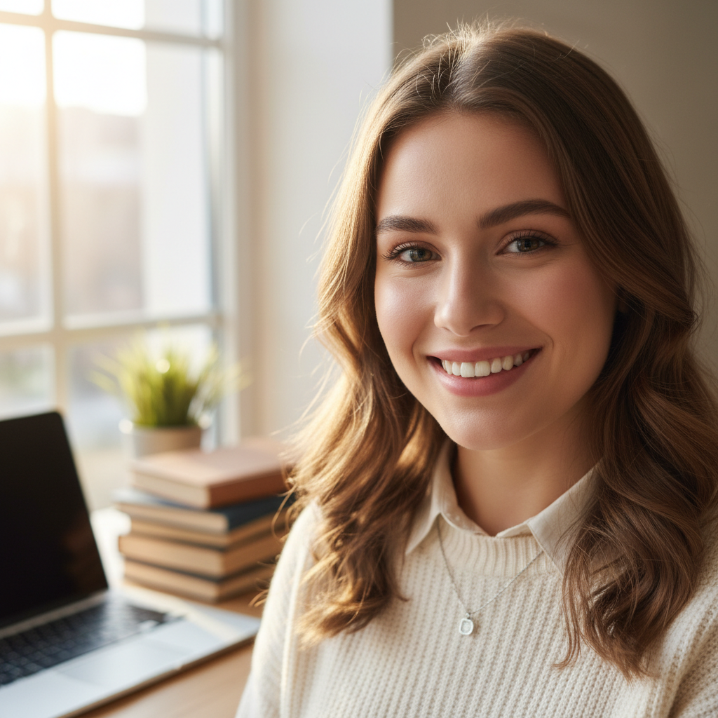 Young woman with brown hair and bright smile