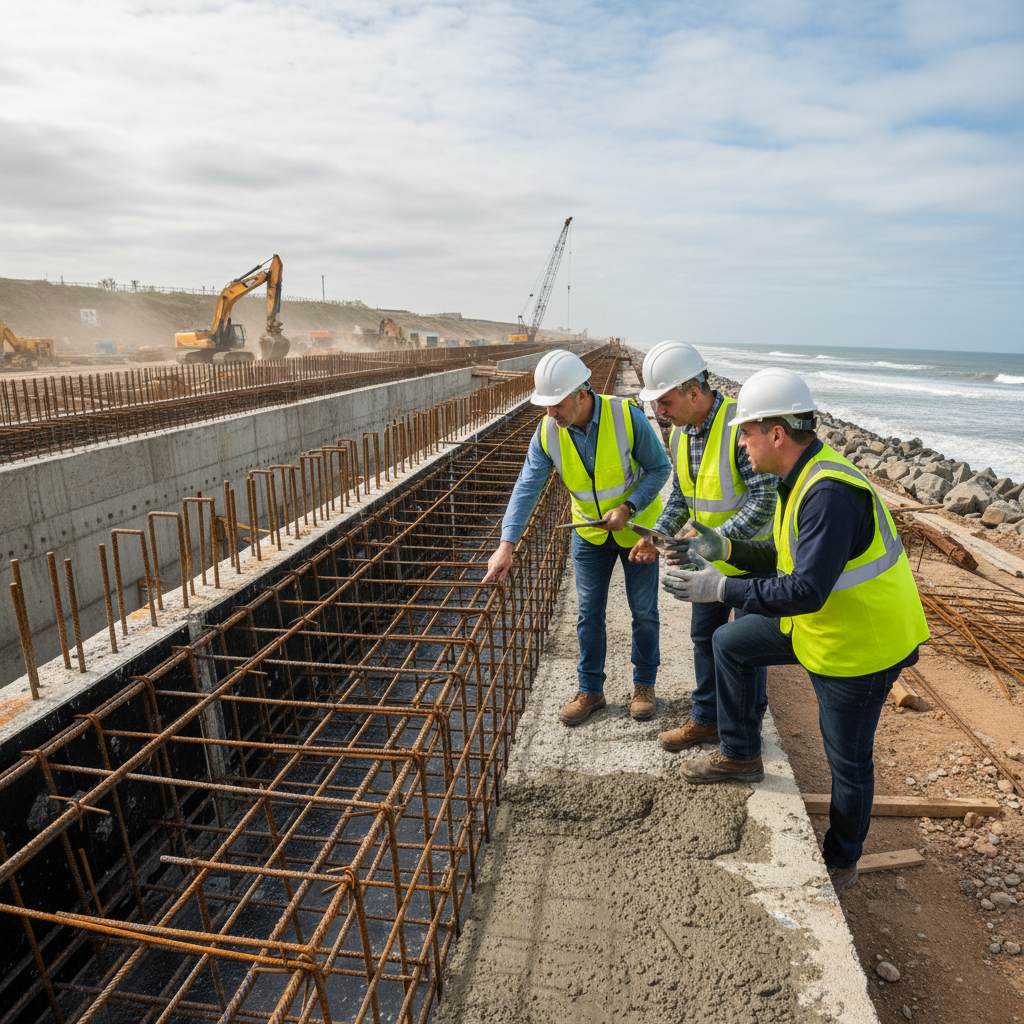 Indian civil engineers inspecting RCC reinforcement at construction site