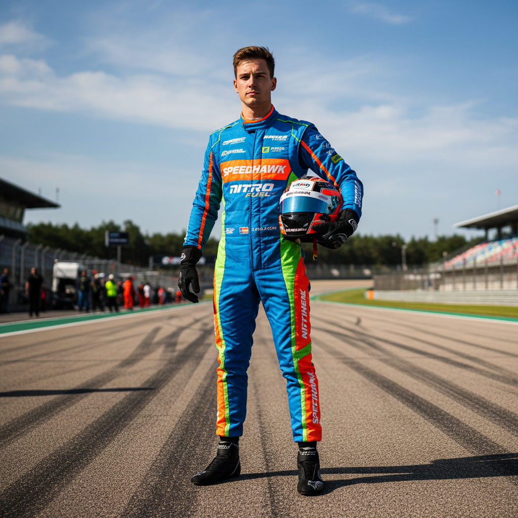 VelocityX test driver in full race suit and helmet