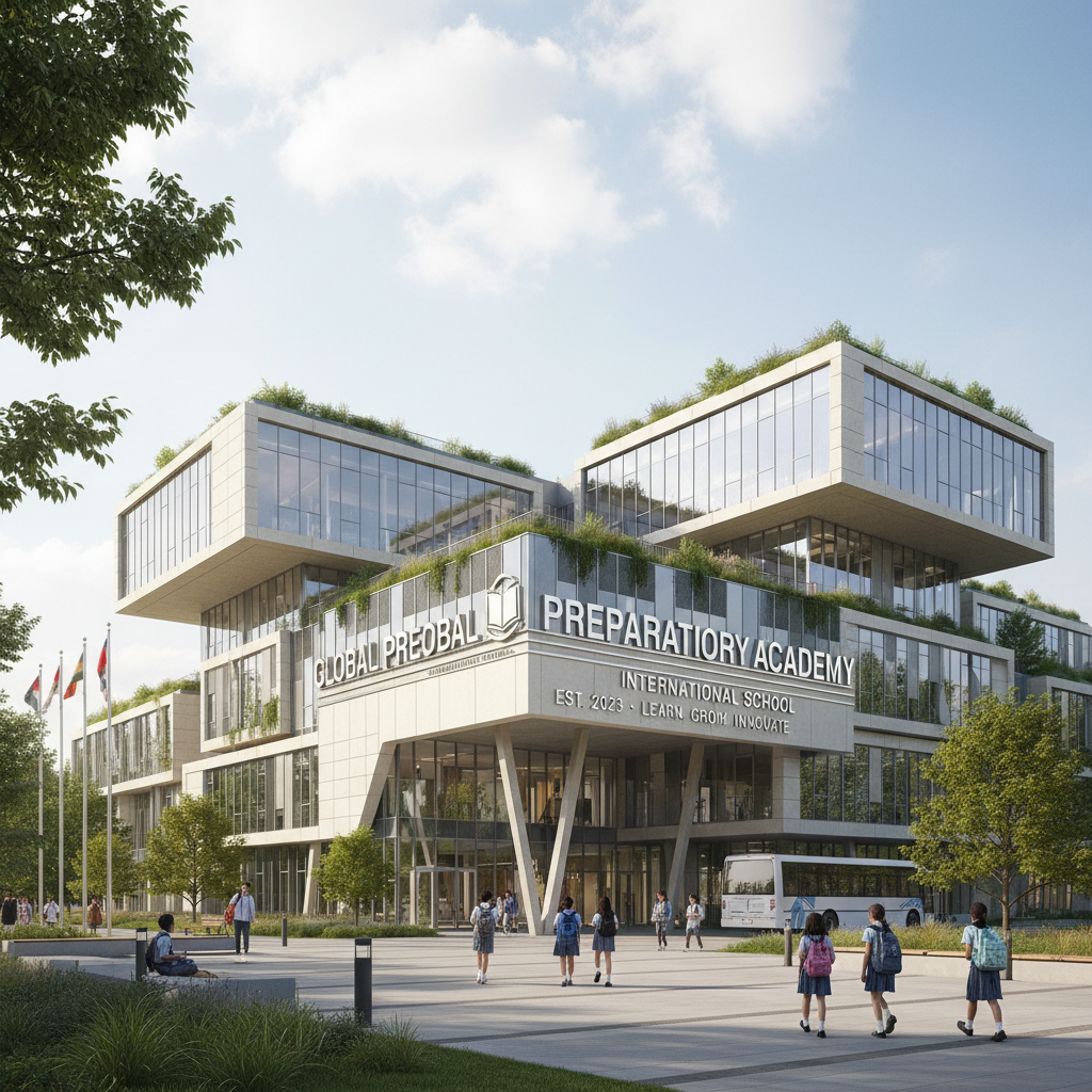 Modern school campus exterior with visible security cameras, daytime bright clear sky, clean institutional architecture