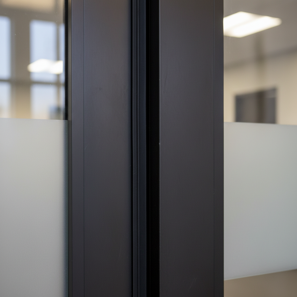 Double commercial door with astragal seal visible at meeting stile, showing overlap and seal contact detail