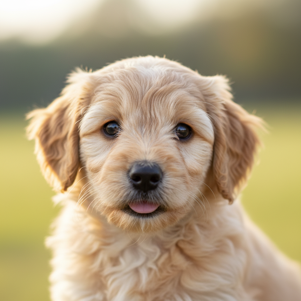 Marigold at 5 weeks, eyes open, fluffy coat emerging