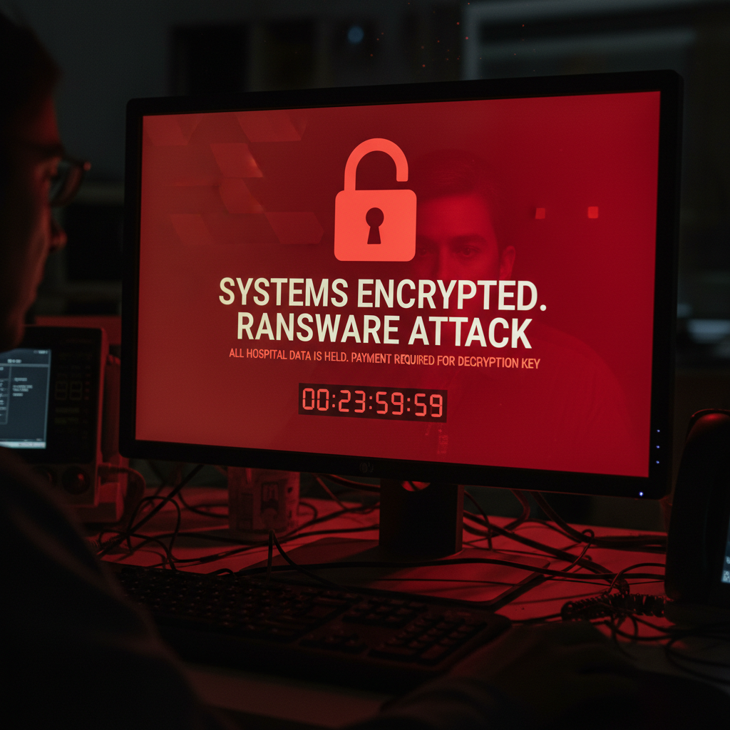 Dark computer screen showing lock icon representing ransomware attack on business system