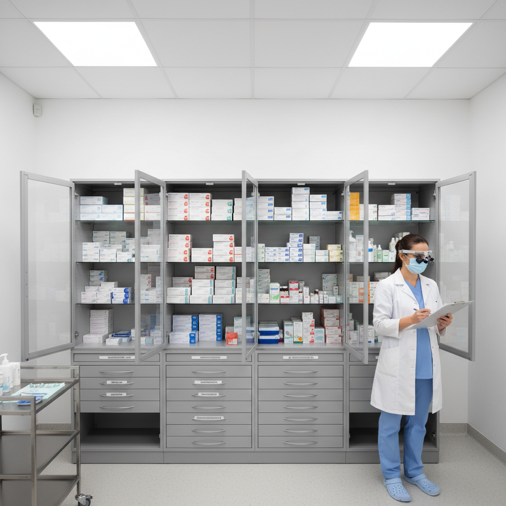 Dental professional reviewing supply inventory with clipboard near organized medical supply cabinet