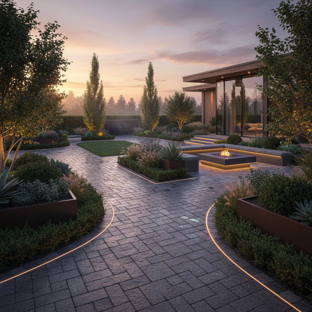 Completed landscape transformation with architectural plantings, permeable pavers, and integrated LED path lighting at dusk