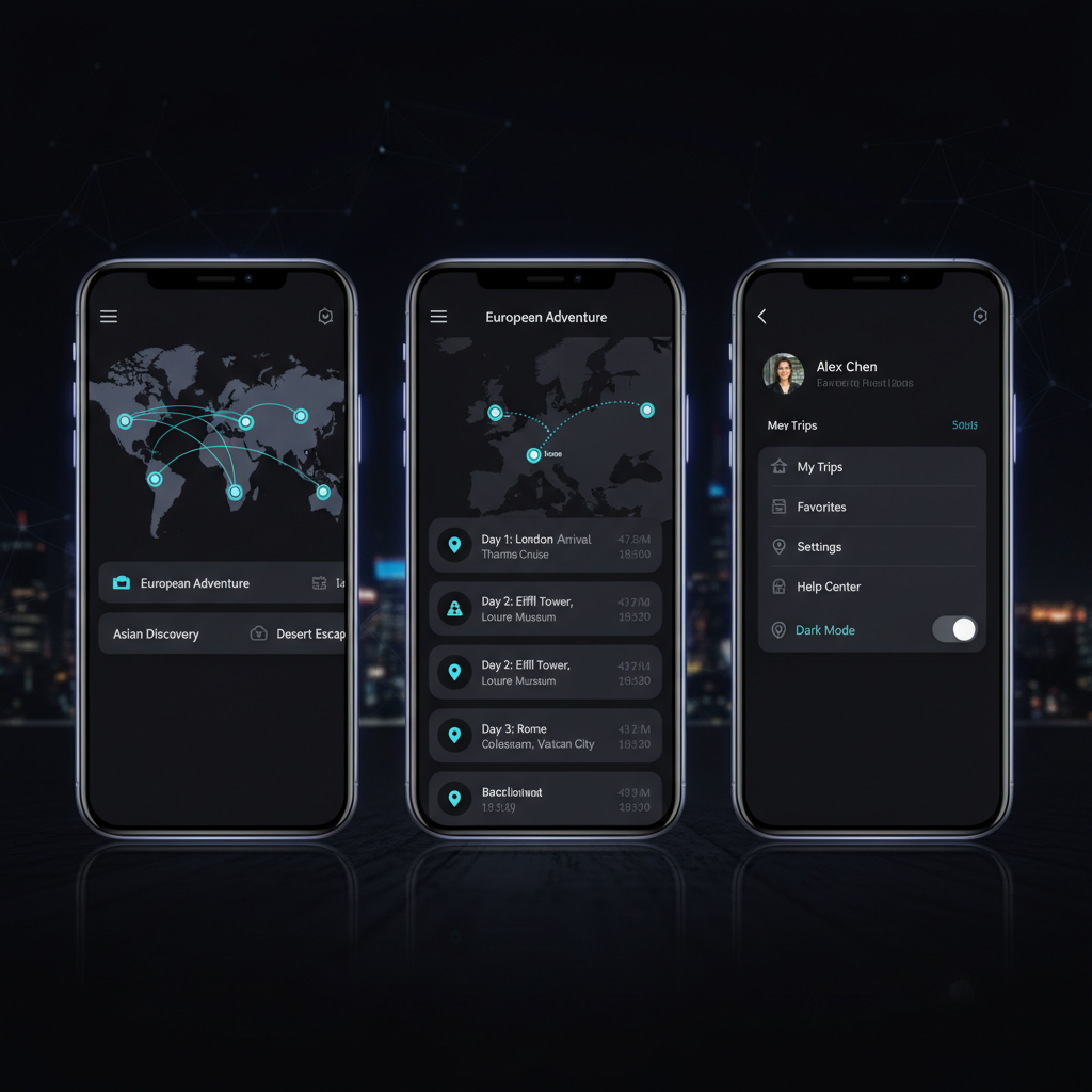 Mobile app interface on dark smartphone showing map navigation and booking UI