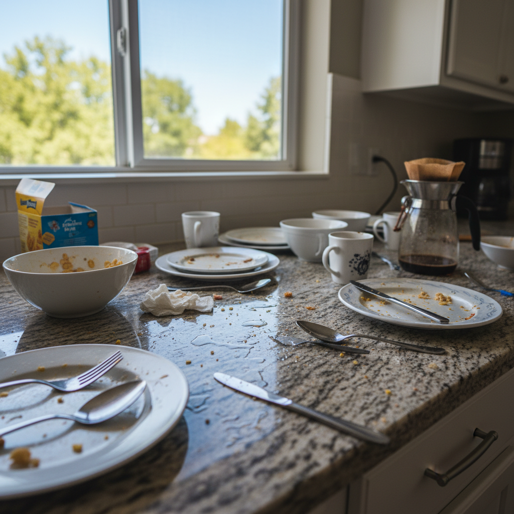 Kitchen counter before cleaning — scattered dishes, crumbs, and water stains on the surface