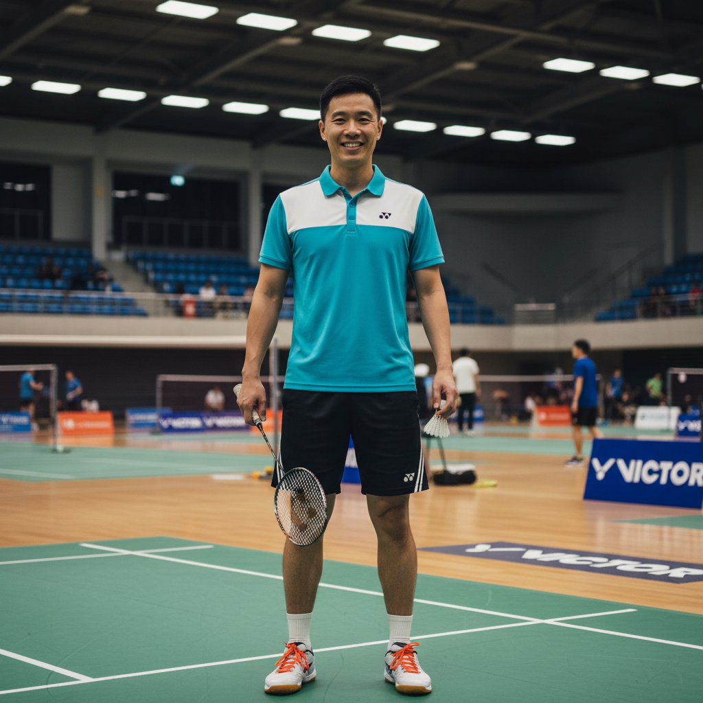 Athletic male coach in sportswear standing confidently on a badminton court, bright indoor court lighting, professional coaching stance