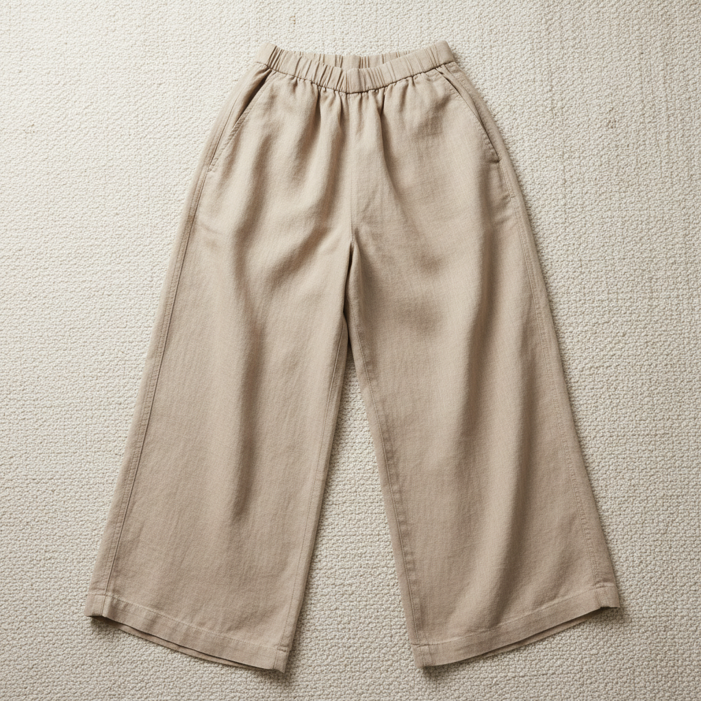Close-up of wide-leg linen pants waistband and fabric drape in natural light