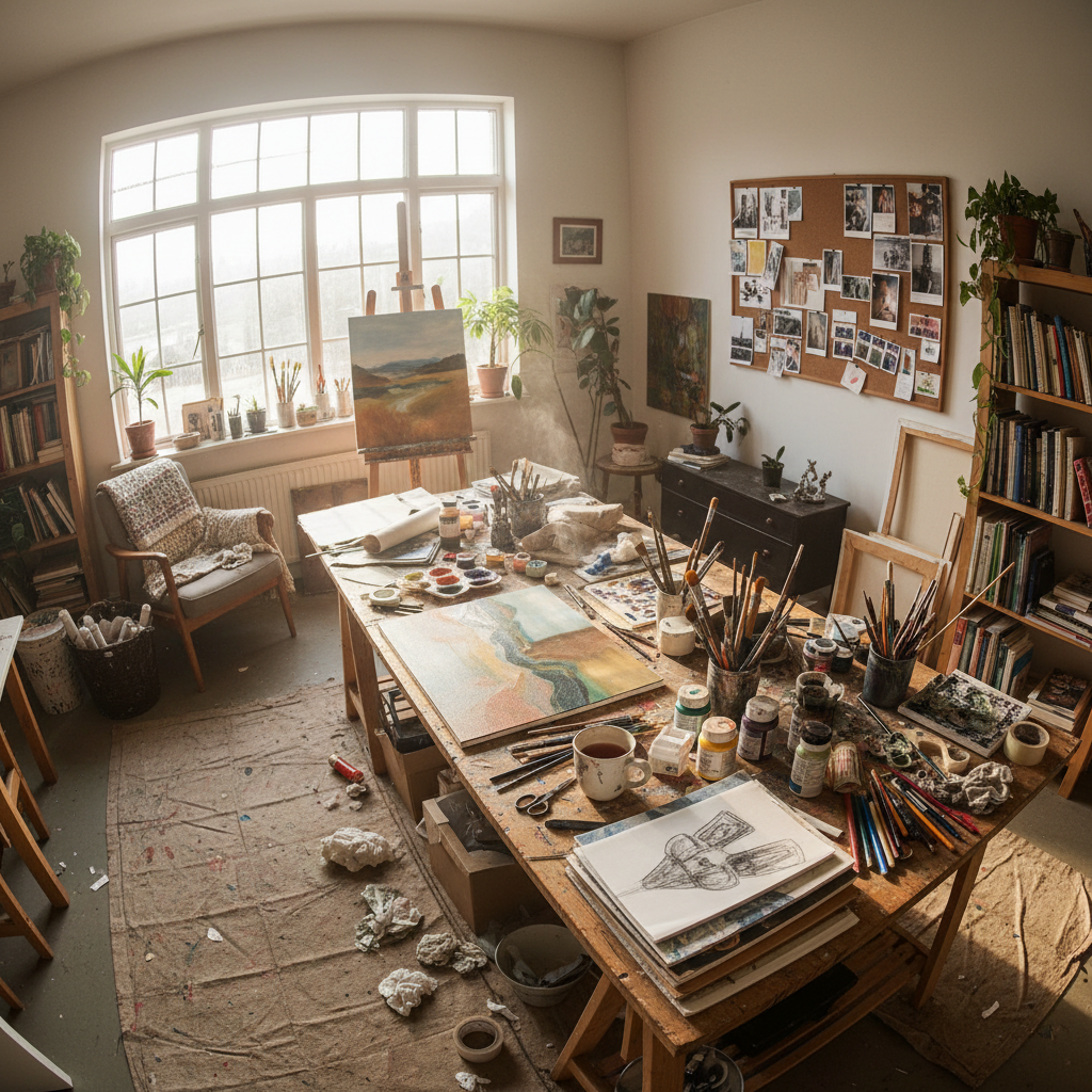 Artist studio with large windows, bright natural light illuminating colorful canvases and art supplies