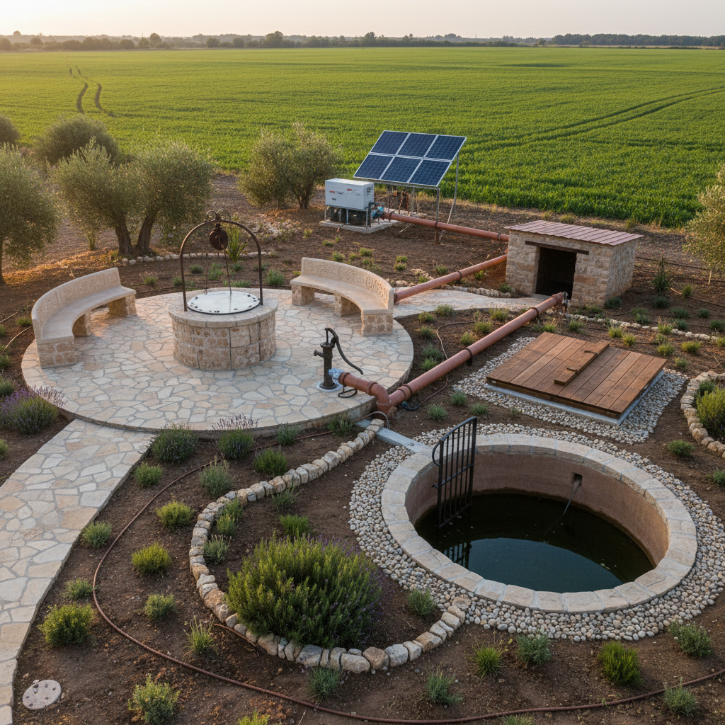 Solar panels powering a water pump system in a sunny Kenyan rural landscape with clear blue sky