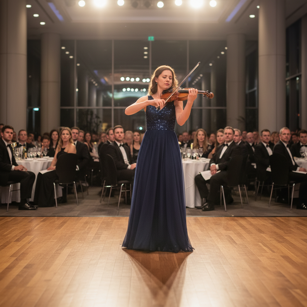 Hegedűs céges rendezvényen, formális közönség előtt