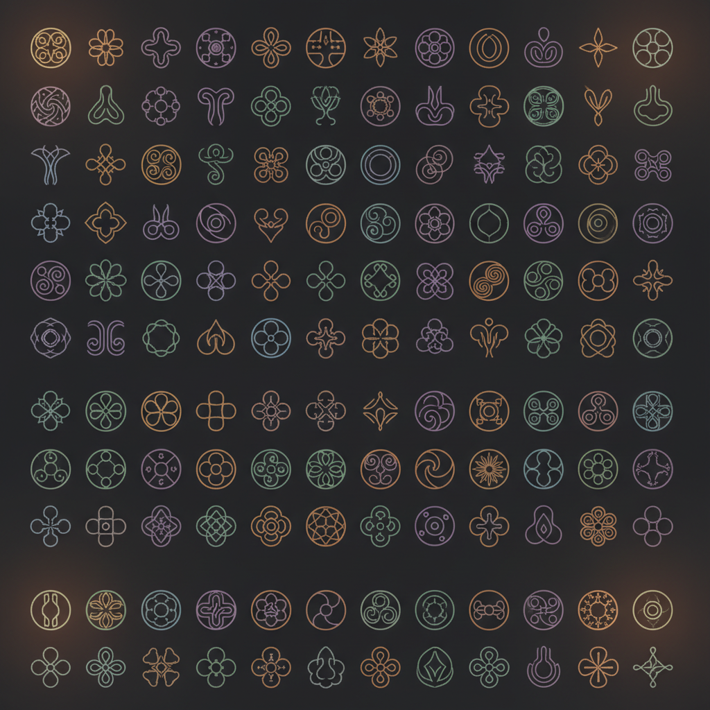 Grid of clean geometric icons on dark background with colorful accent highlights